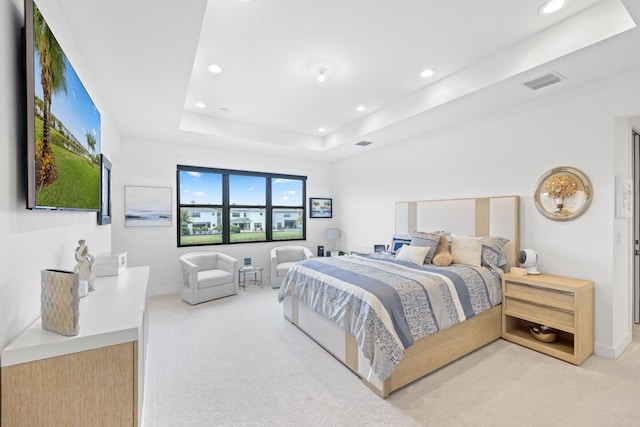 carpeted bedroom with a raised ceiling