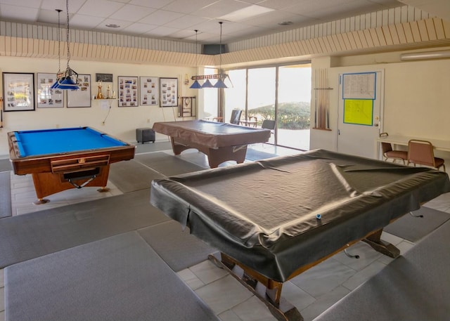 playroom featuring billiards and a paneled ceiling