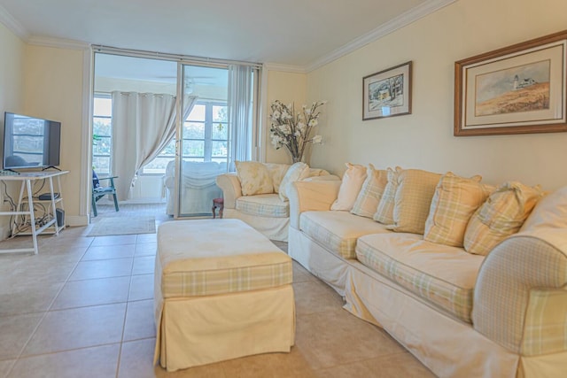 tiled living room with ornamental molding