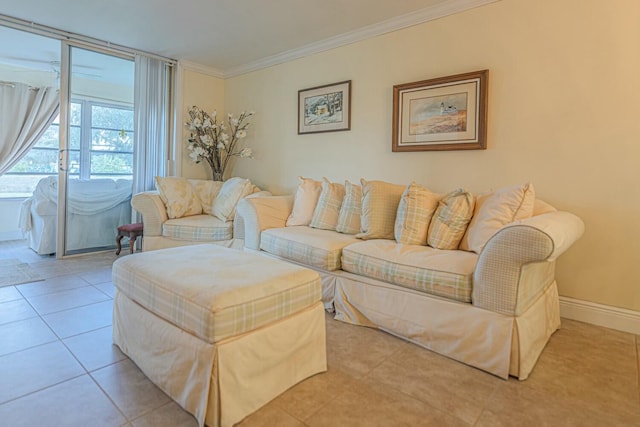 tiled living room featuring ornamental molding