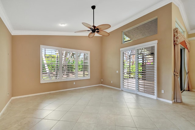 unfurnished room featuring crown molding, light tile patterned floors, and an inviting chandelier