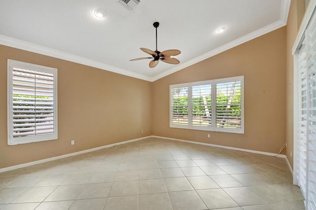 kitchen featuring lofted ceiling, hanging light fixtures, ornamental molding, a center island, and stainless steel appliances