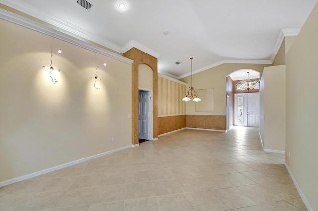 interior space featuring crown molding, lofted ceiling, light tile patterned flooring, and a notable chandelier