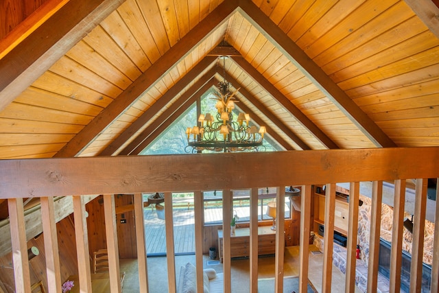 details featuring beam ceiling, a chandelier, and wooden ceiling