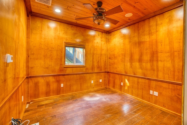 unfurnished room featuring hardwood / wood-style floors, wood ceiling, wood walls, and a ceiling fan