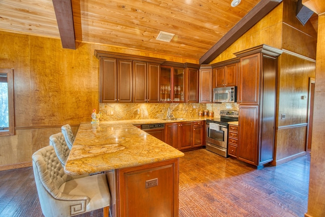 kitchen featuring visible vents, a peninsula, a sink, wood ceiling, and appliances with stainless steel finishes