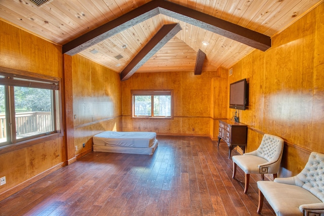 bedroom featuring lofted ceiling with beams, dark wood-style floors, and wood walls