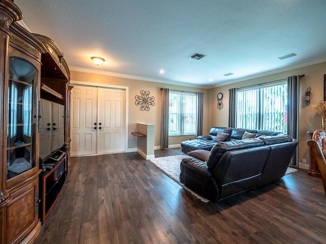 living room featuring dark wood-type flooring and crown molding