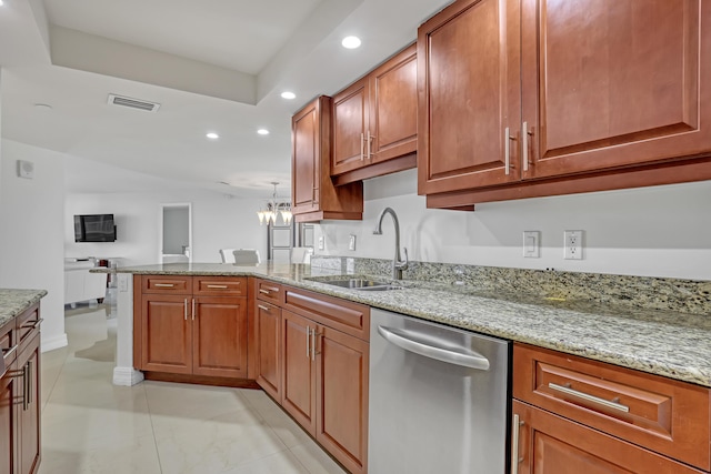 kitchen with sink, light stone counters, a chandelier, light tile patterned floors, and stainless steel dishwasher