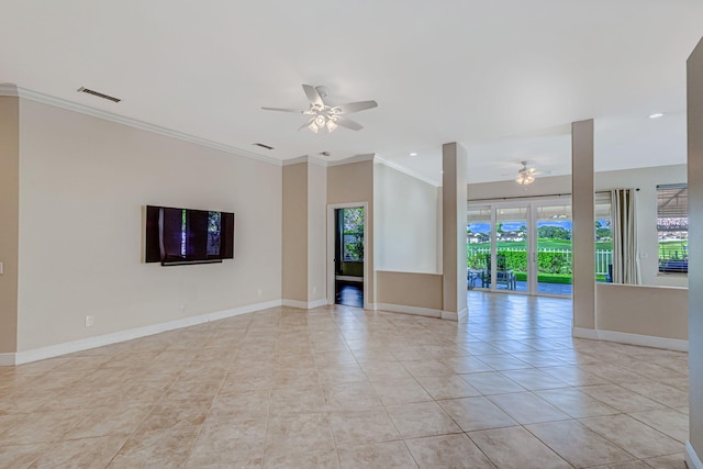 tiled spare room with ornamental molding and ceiling fan