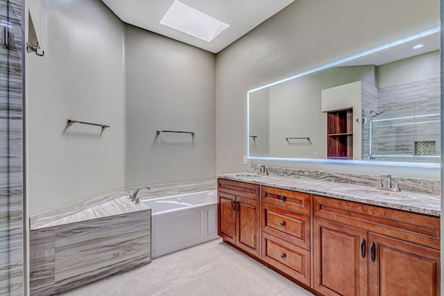 1215 Gator Trl, West Palm Beach, FL 33409 - bathroom featuring a skylight, a bath, double vanity, and a shower