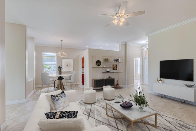1215 Gator Trl, West Palm Beach, FL 33409 - living area with light tile patterned floors, crown molding, baseboards, a ceiling fan, and recessed lighting