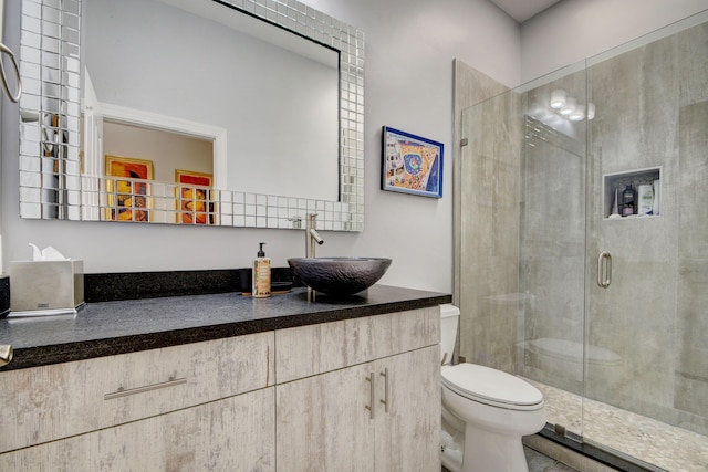 bathroom with vanity, an enclosed shower, and toilet