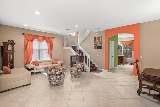 living room with light tile patterned floors