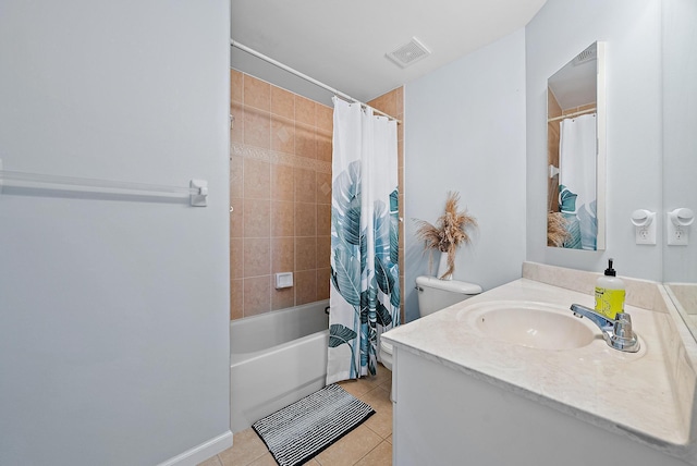 full bathroom featuring tile patterned flooring, vanity, shower / tub combo with curtain, and toilet