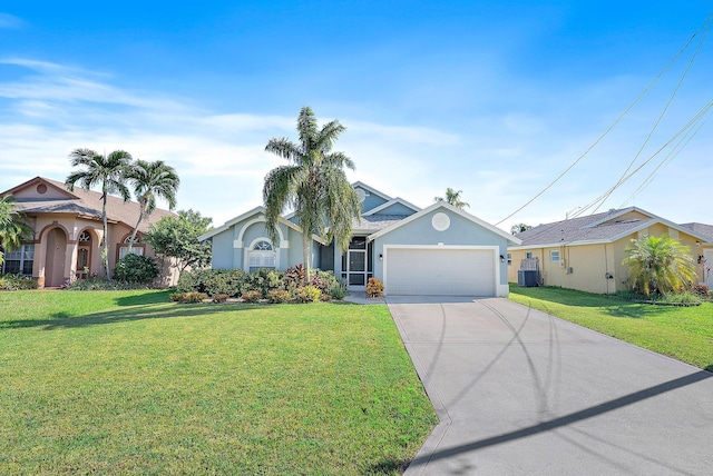 ranch-style house with central AC, a garage, and a front lawn