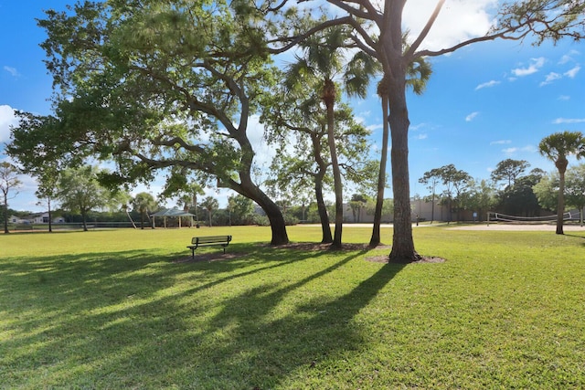 view of property's community with volleyball court and a lawn