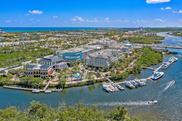 drone / aerial view featuring a water view