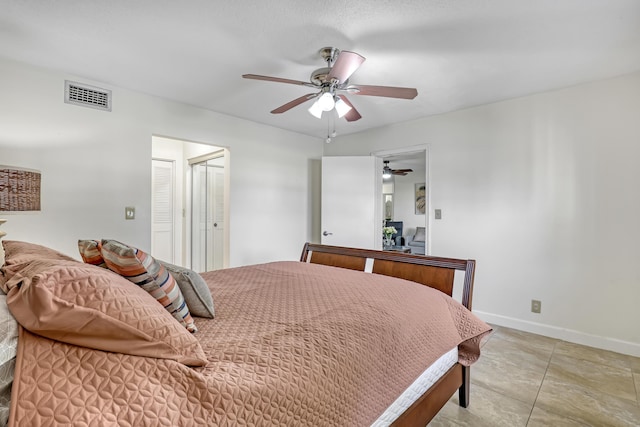 bedroom with ceiling fan and a closet