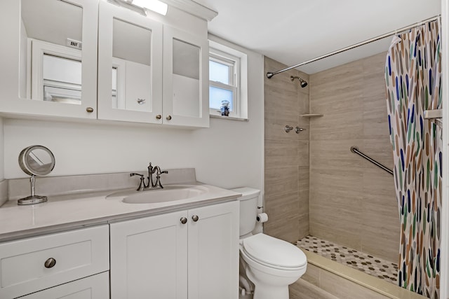 bathroom featuring vanity, toilet, and walk in shower