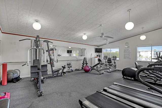 workout area featuring crown molding, vaulted ceiling, and ceiling fan