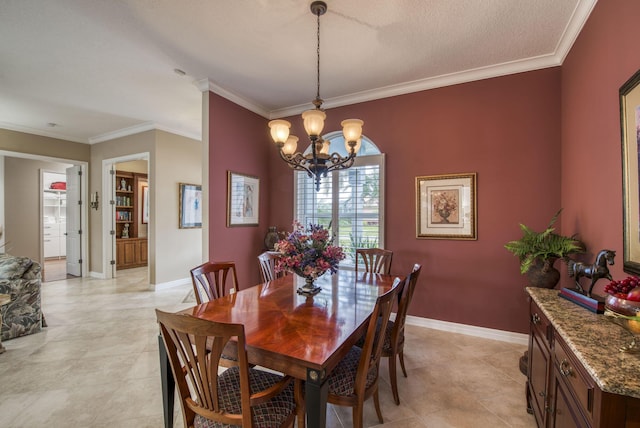 dining area with ornamental molding, a chandelier, and a textured ceiling