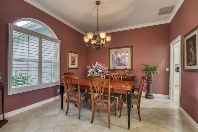 dining space featuring baseboards, visible vents, light tile patterned flooring, crown molding, and a chandelier