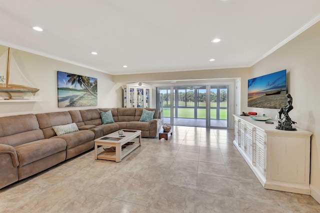 living room featuring crown molding