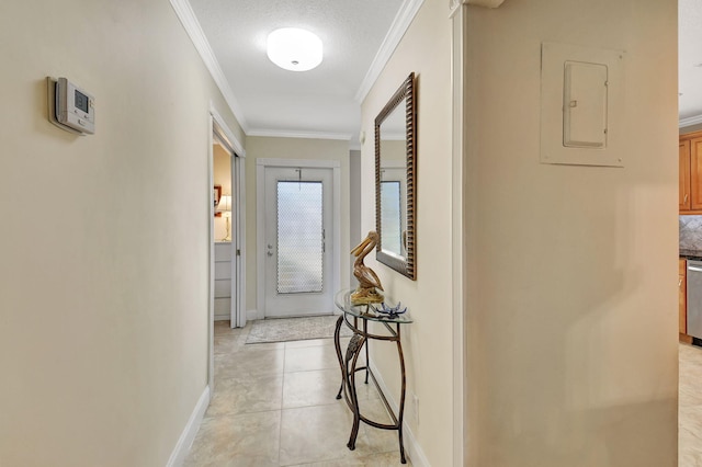 corridor featuring crown molding, electric panel, light tile patterned flooring, and a textured ceiling