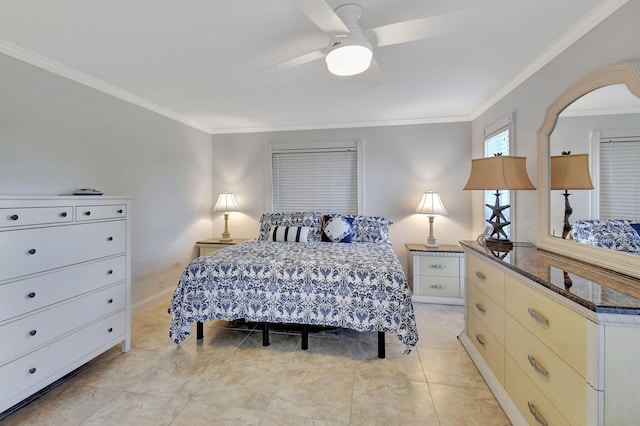 bedroom with crown molding, ceiling fan, and light tile patterned flooring