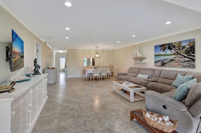 living room featuring crown molding