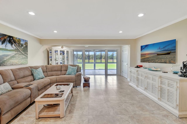 living room with crown molding