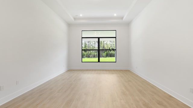 empty room featuring light hardwood / wood-style flooring and a tray ceiling