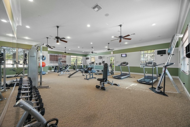 gym with a healthy amount of sunlight, ornamental molding, and carpet