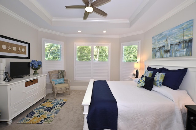 carpeted bedroom with multiple windows, a raised ceiling, and ceiling fan