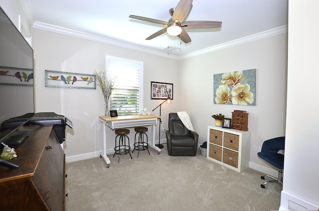 carpeted office space featuring ornamental molding and ceiling fan