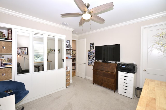 office with ceiling fan, light colored carpet, and ornamental molding