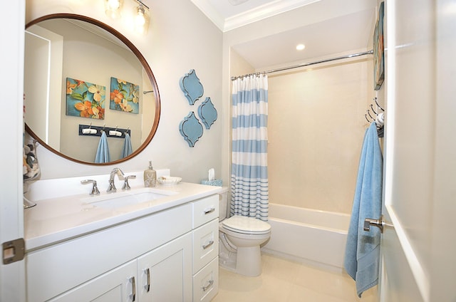 full bathroom featuring crown molding, vanity, toilet, and shower / tub combo