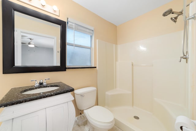 bathroom with vanity, toilet, and a shower