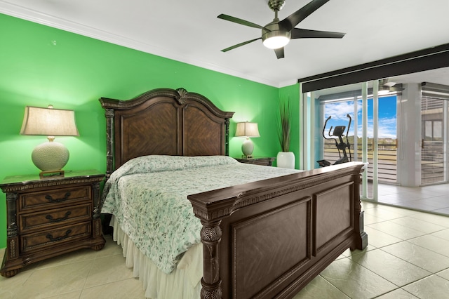 bedroom featuring crown molding, ceiling fan, access to exterior, and light tile patterned floors