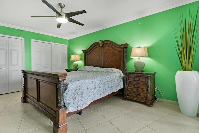 tiled bedroom featuring crown molding and ceiling fan