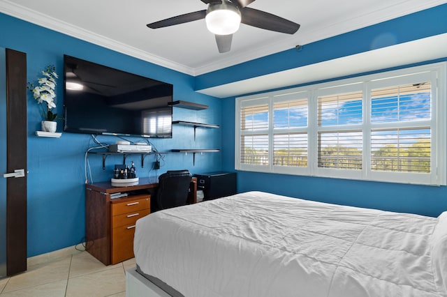 tiled bedroom featuring crown molding and ceiling fan