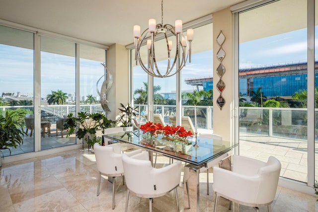 sunroom with a chandelier