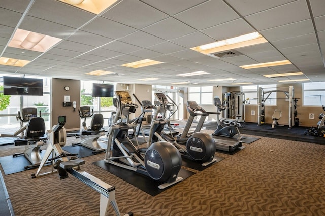 gym featuring a paneled ceiling and carpet