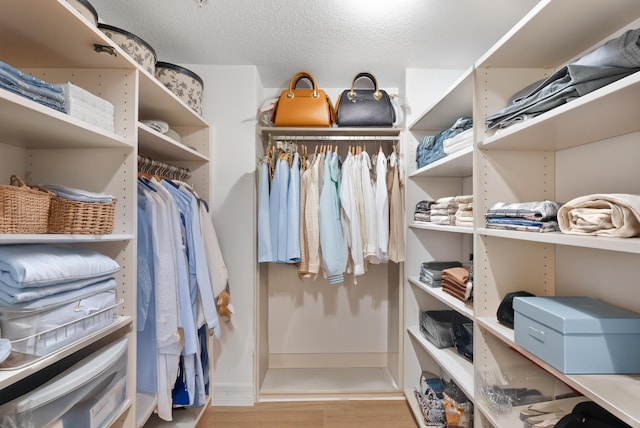 walk in closet with light hardwood / wood-style floors