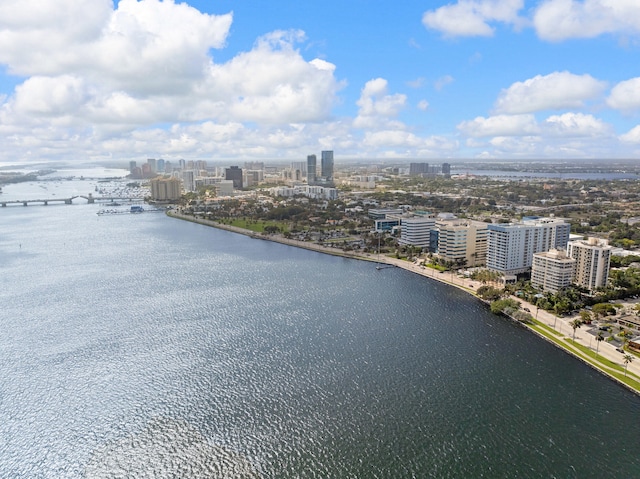 drone / aerial view with a water view