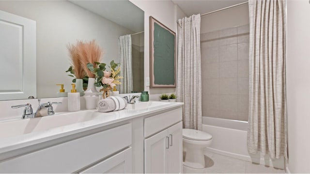 full bathroom with vanity, toilet, tile patterned flooring, and shower / bath combo with shower curtain