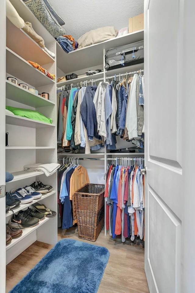 walk in closet with light hardwood / wood-style flooring