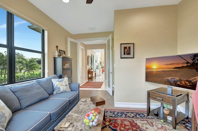 living room with hardwood / wood-style floors and ceiling fan