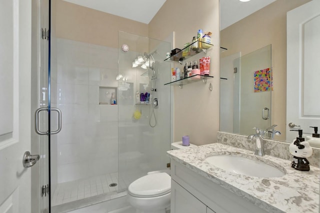 bathroom with vanity, toilet, and a shower with shower door